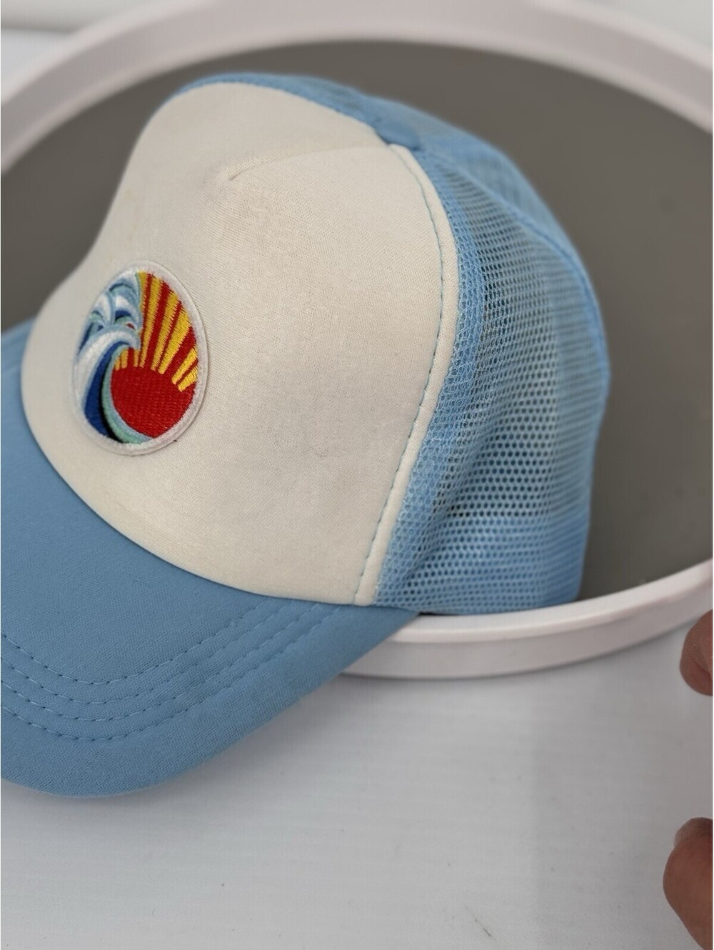 Vintage Style Trucker Hat Snapback Blue Cream Surf Wave Sun Patch Mesh Cap